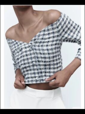 Zara Black & White Checked Off-Shoulder Crop Top